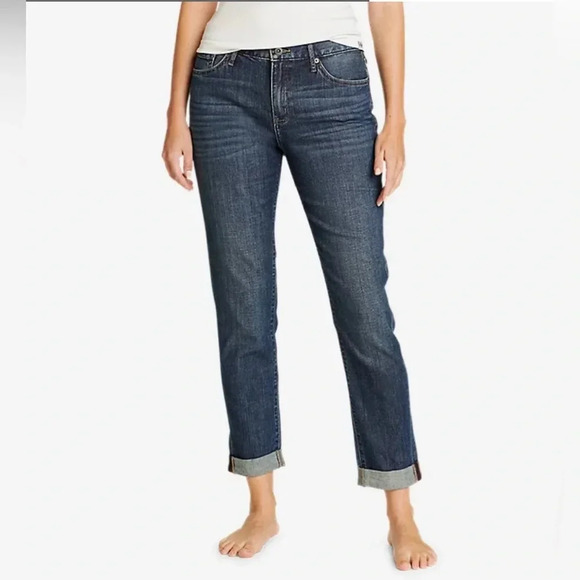 EDDIE BAUER Boyfriend Relaxed Button Fly Ladies Specially Dyed Dark Jean Sz T20 - Picture 1 of 10